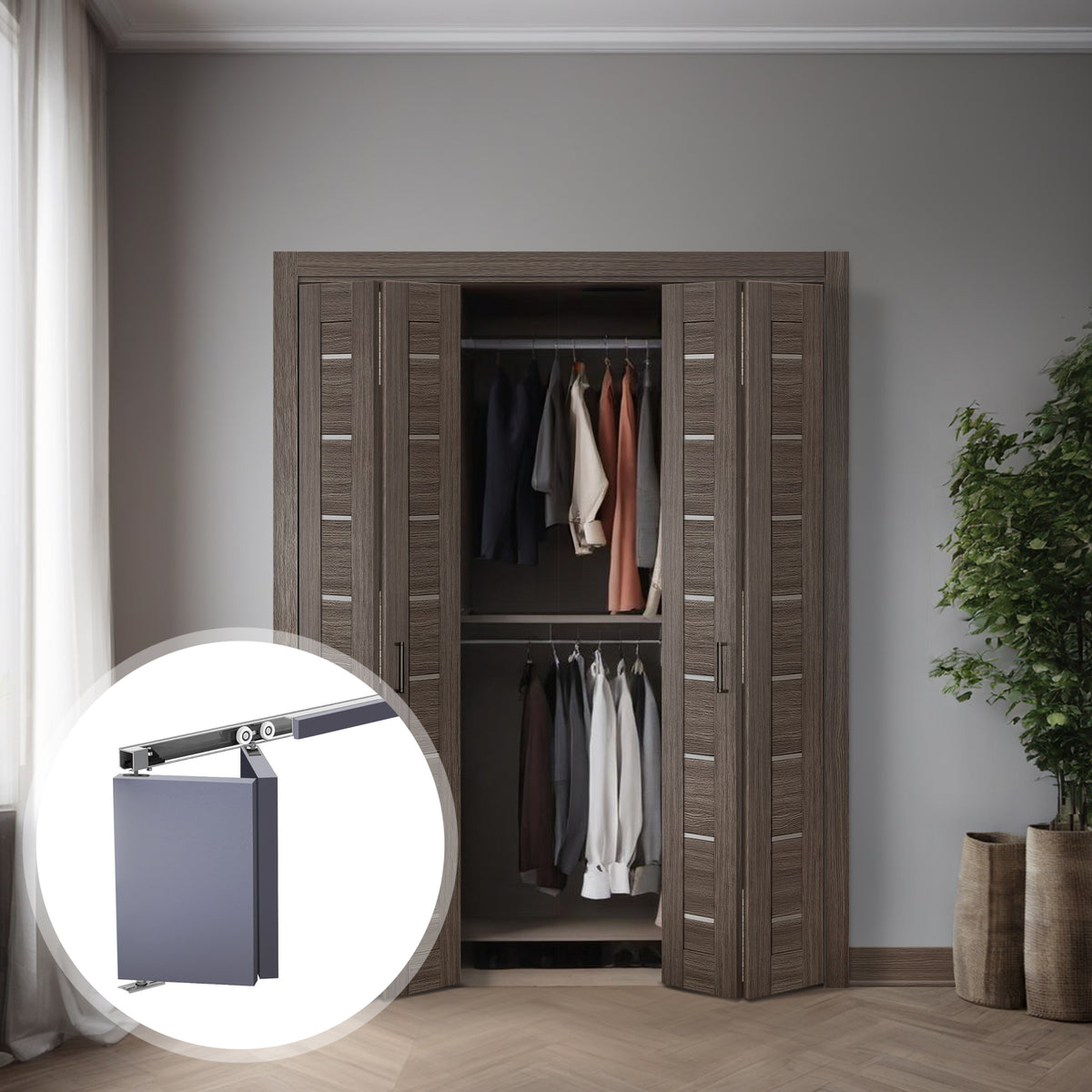 Two Miami Gray Brown SLBFMI-08 two-section bi-fold door slab units shown in a double closet installation with hardware details