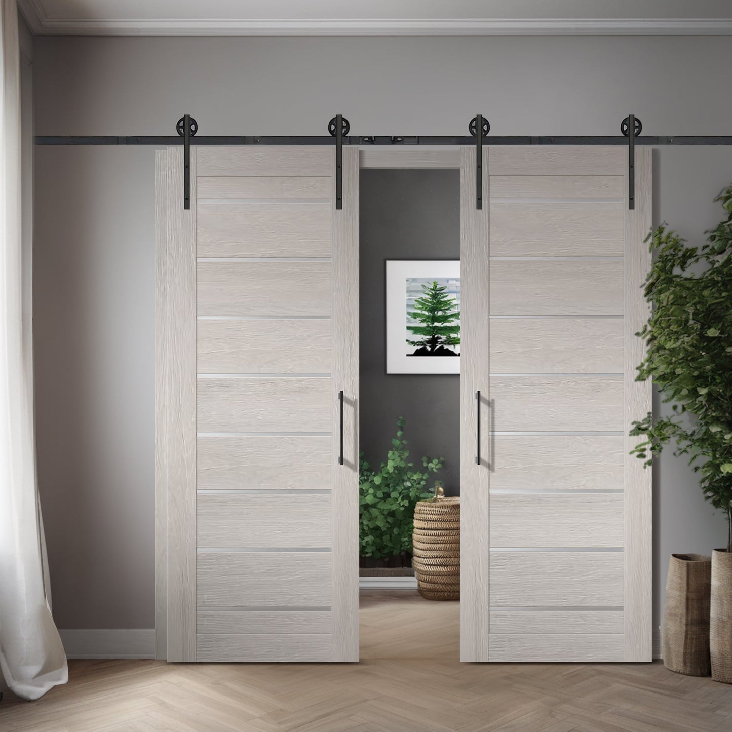 Two Miami Light Gray slabs shown in a double barn-door application; one slab sold, system hardware and preparation not included