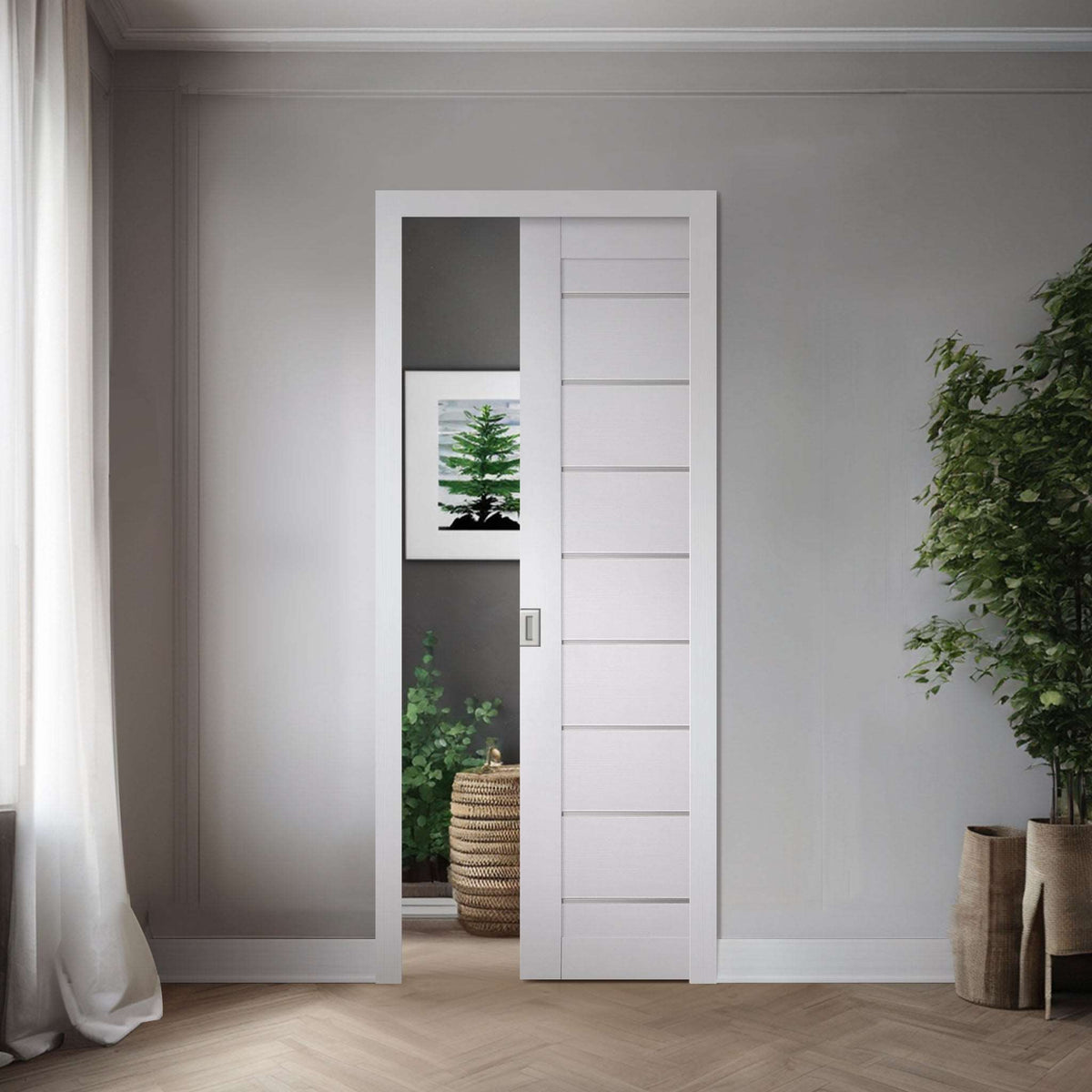 Interior Pocket Door Slab Miami White shown in a single pocket-door application; one slab sold, system hardware and preparation not included