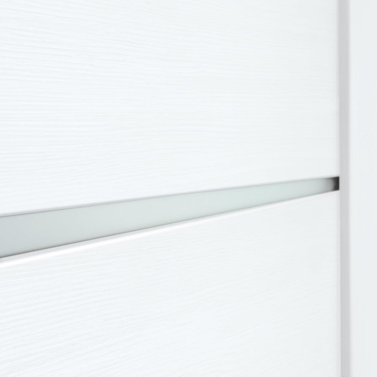 Close-up of the white PVC wood-look finish and frosted-glass inserts on Miami White door slab