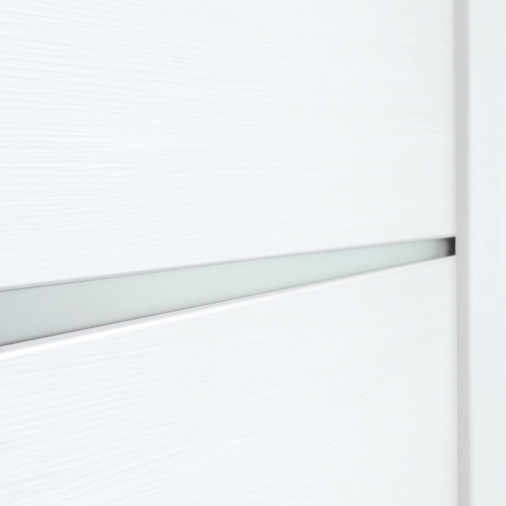 Close-up of the white PVC wood-look finish and frosted-glass inserts on Miami White door slab