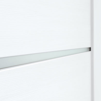 Close-up of the white PVC wood-look finish and frosted-glass inserts on Miami White door slab
