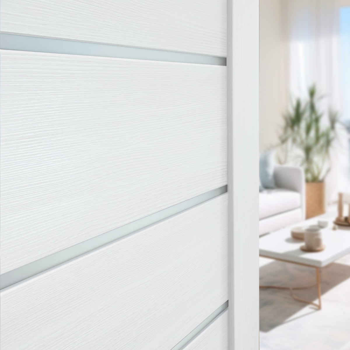 Close-up of the white PVC wood-look finish and frosted-glass inserts on Miami White door slab