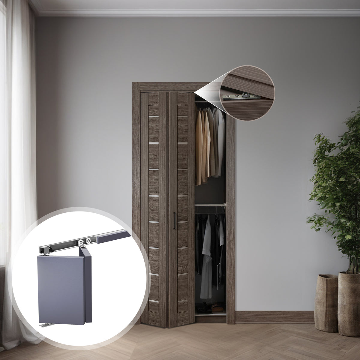 Panneau de porte pliante Miami gris-brun SLBFMI-08 à deux sections, partiellement ouvert dans une garde-robe, avec détails de la quincaillerie