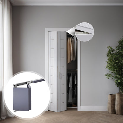 Miami White SLBFMI-01 two-section bi-fold door slab shown partially open in a closet with folding hardware details