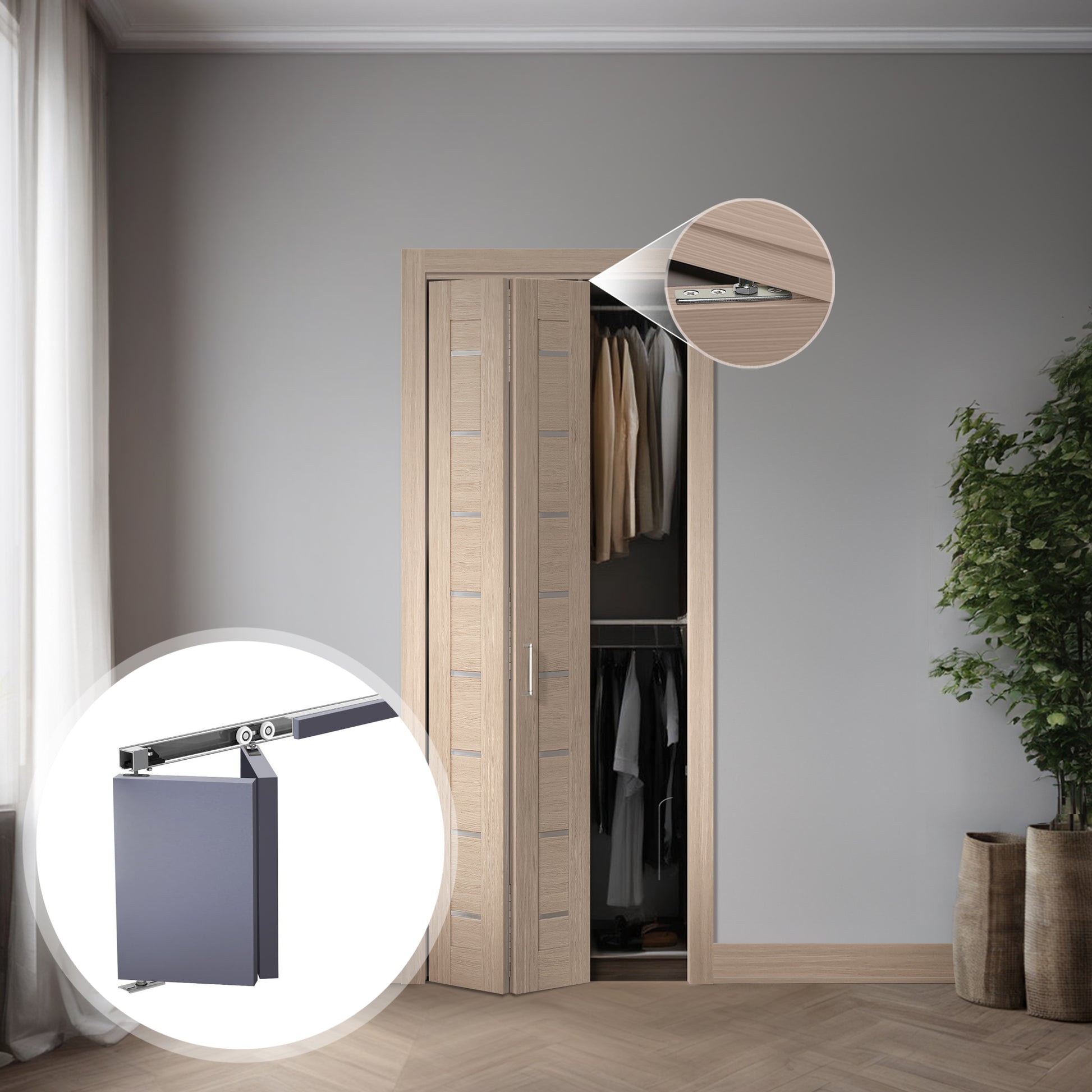 Miami Beige SLBFMI-05 two-section bi-fold door slab shown in a closet opening with folding hardware detail