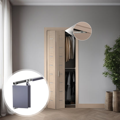 Miami Beige SLBFMI-05 two-section bi-fold door slab shown in a closet opening with folding hardware detail