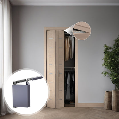 Panneau de porte intérieure pliante Miami beige montré dans une ouverture de garde-robe avec détail de la quincaillerie pliante; quincaillerie vendue séparément