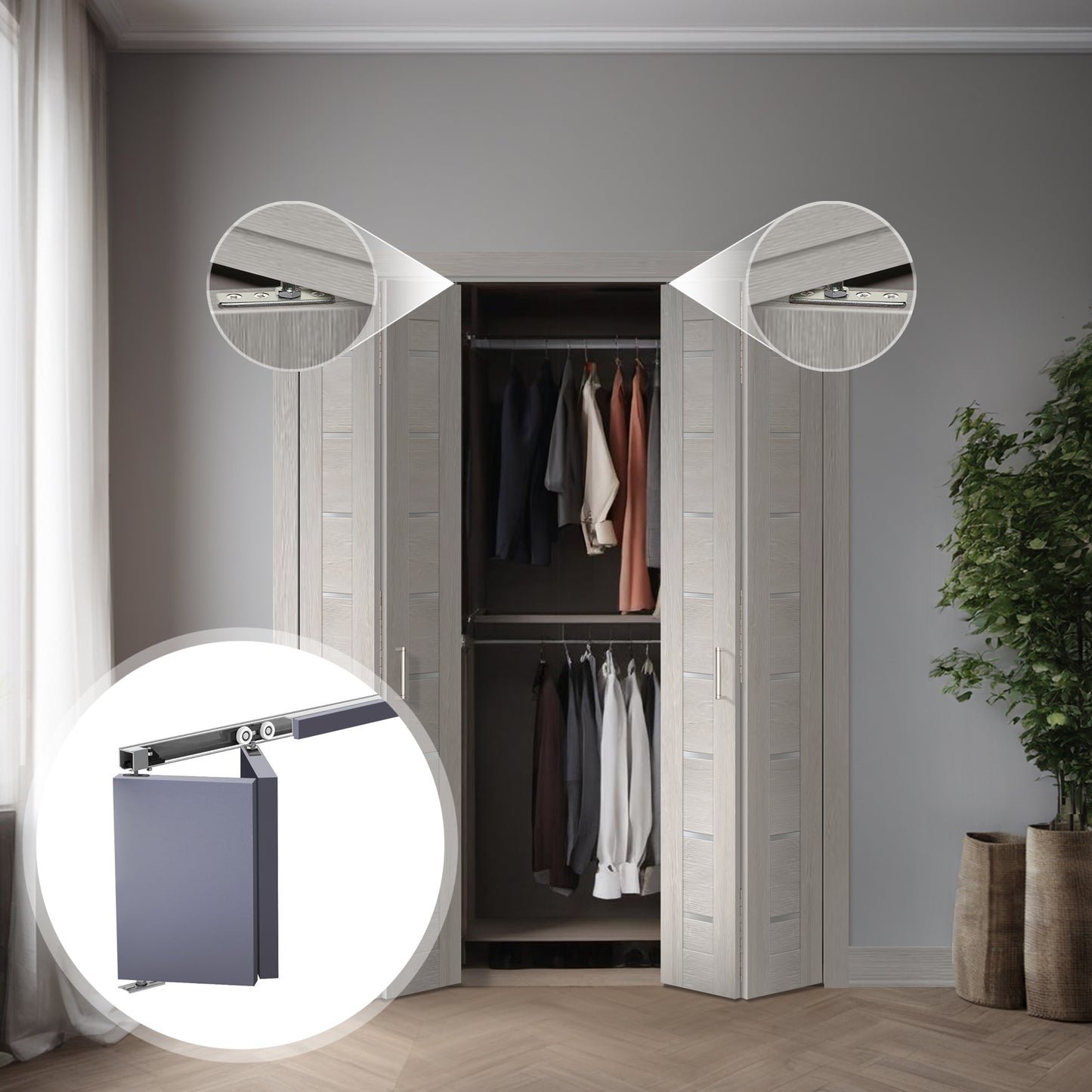 Deux unités de panneaux pliants Miami gris clair SLBFMI-03 à deux sections dans une installation double de garde-robe, avec détails de la quincaillerie
