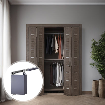 Deux unités de panneaux pliants Miami gris-brun SLBFMI-08 à deux sections dans une installation double de garde-robe, avec détails de la quincaillerie