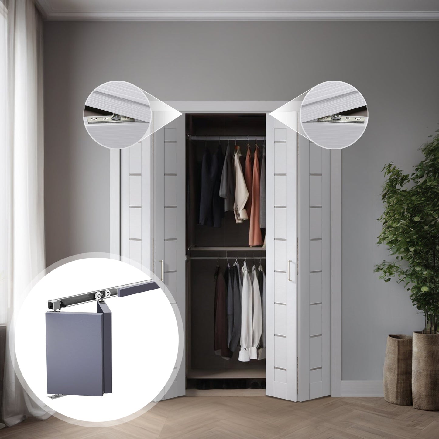 Two Interior Bi-Fold Door Slab Miami White units shown in a double closet installation with folding hardware details