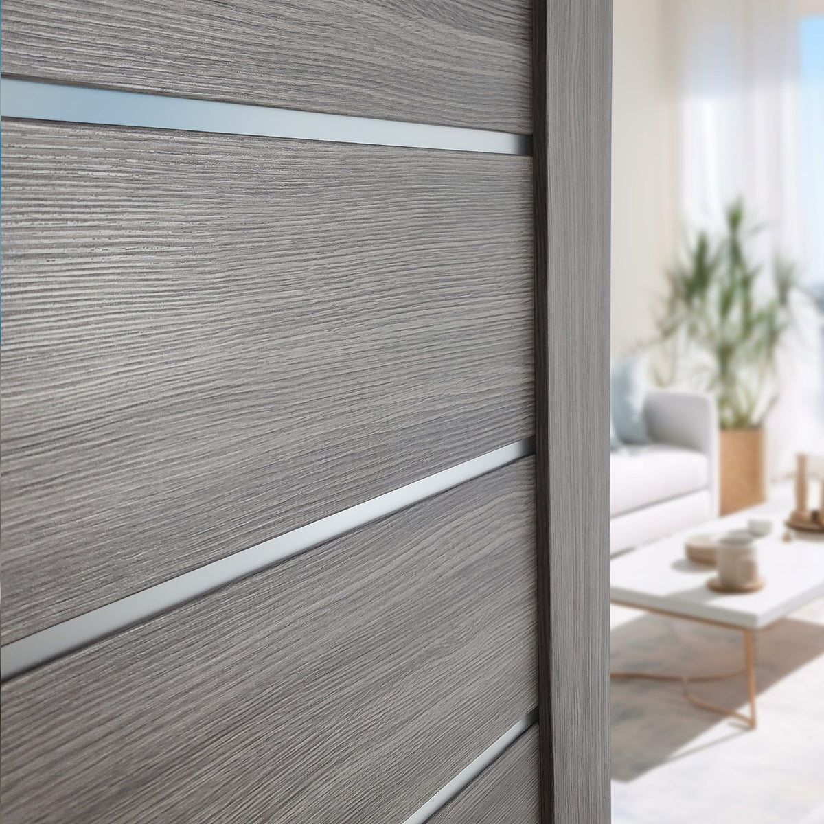 Close-up of the gray brown PVC wood-look finish and frosted-glass inserts on Interior Swing Door Slab Miami Gray Brown