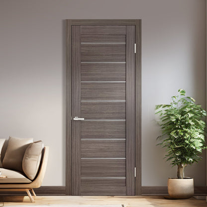 Interior Swing Door Slab Miami Gray Brown shown in a single swing-door application; one slab sold, system hardware and preparation not included