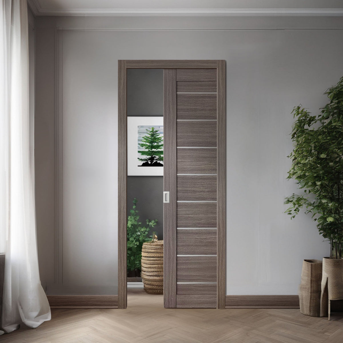 Miami Gray Brown SLMI-08-GM gray-brown door slab in a single pocket-door application