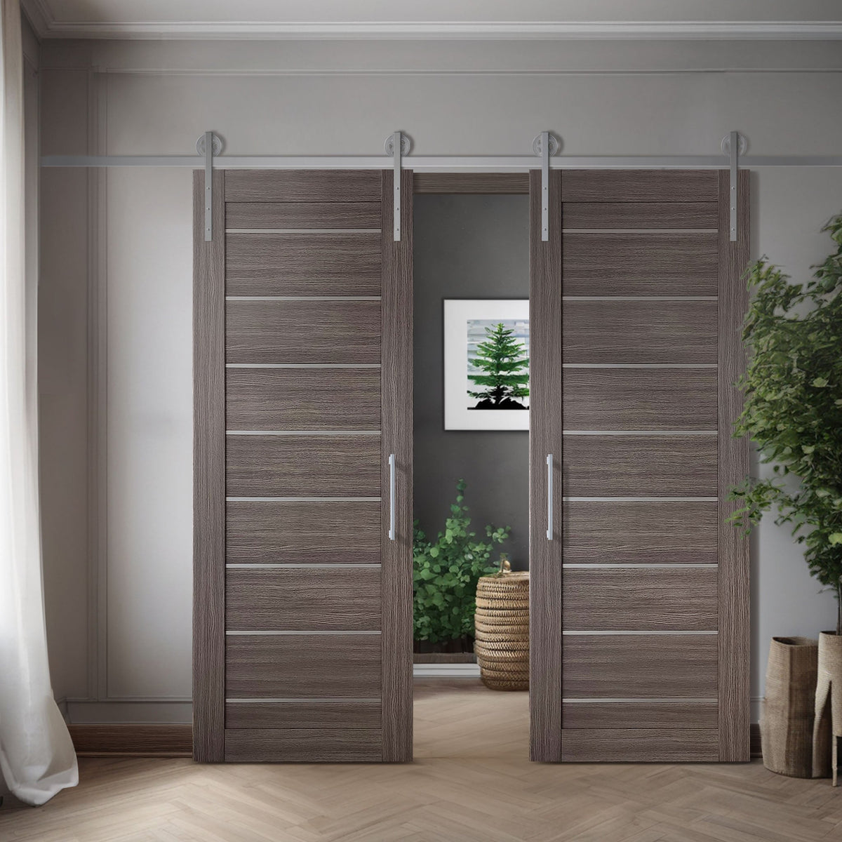 Miami Gray Brown SLMI-08-GM gray-brown door slabs in a double barn-door application