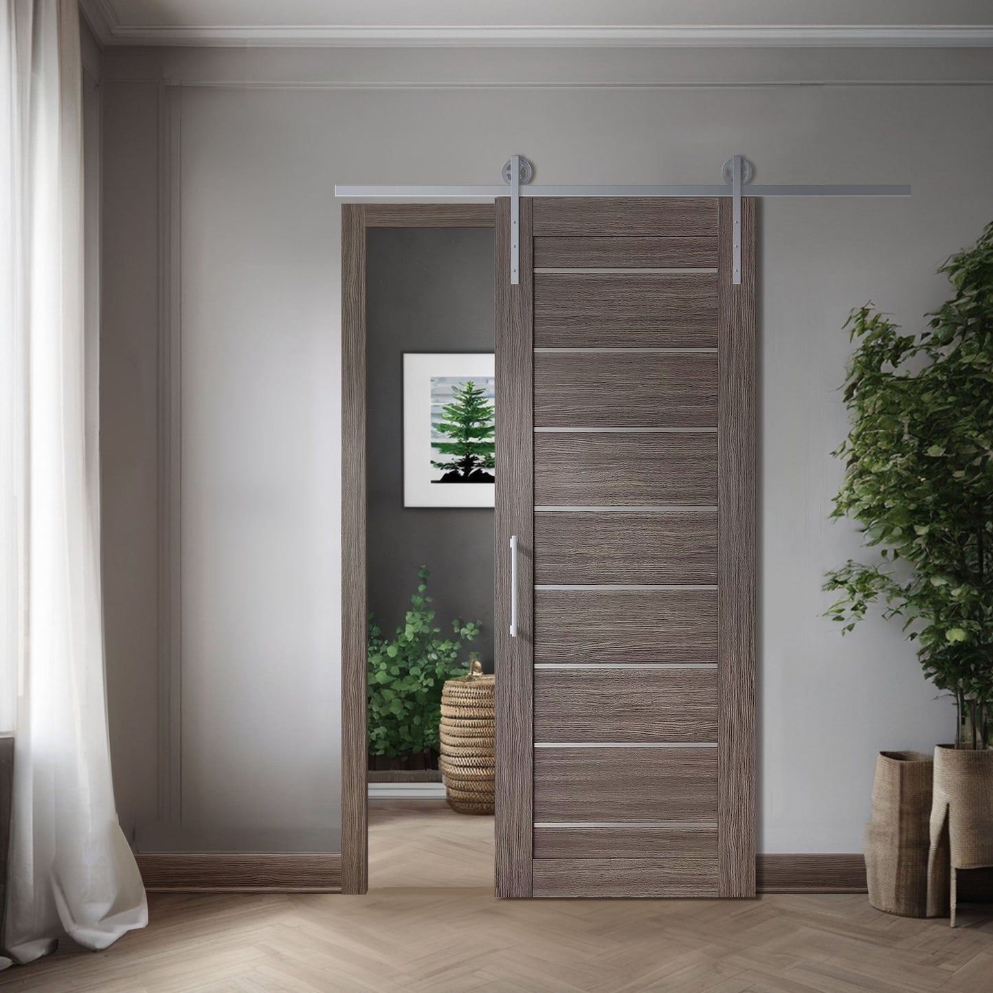 Miami Gray Brown SLMI-08-GM gray-brown door slab in a single barn-door application