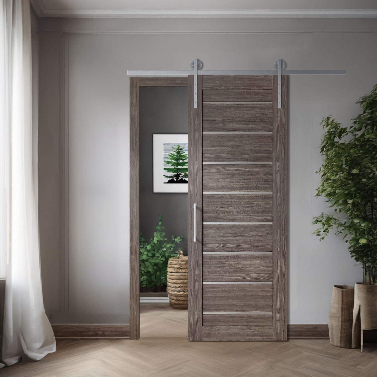 Miami Gray Brown SLMI-08-GM gray-brown door slab in a single barn-door application
