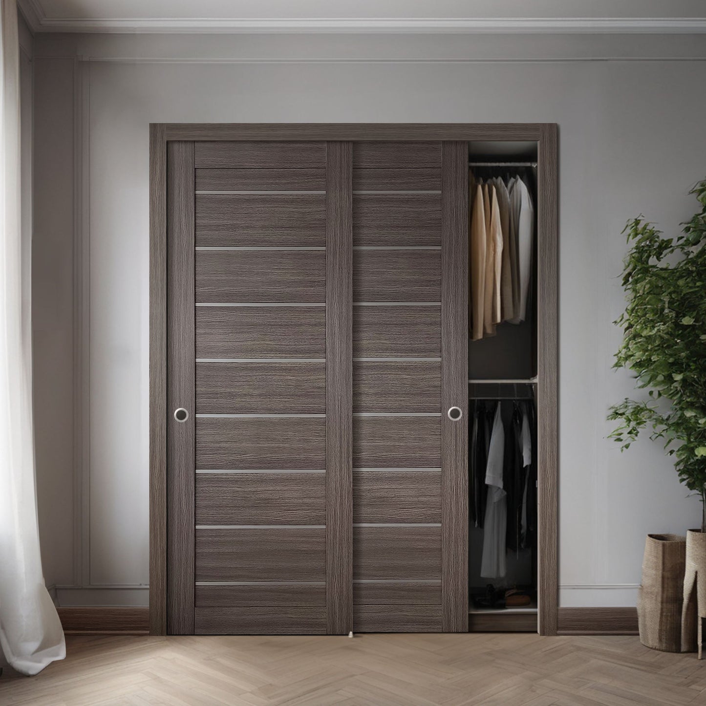 Miami Gray Brown SLMI-08-GM gray-brown door slabs in a double pocket-door application
