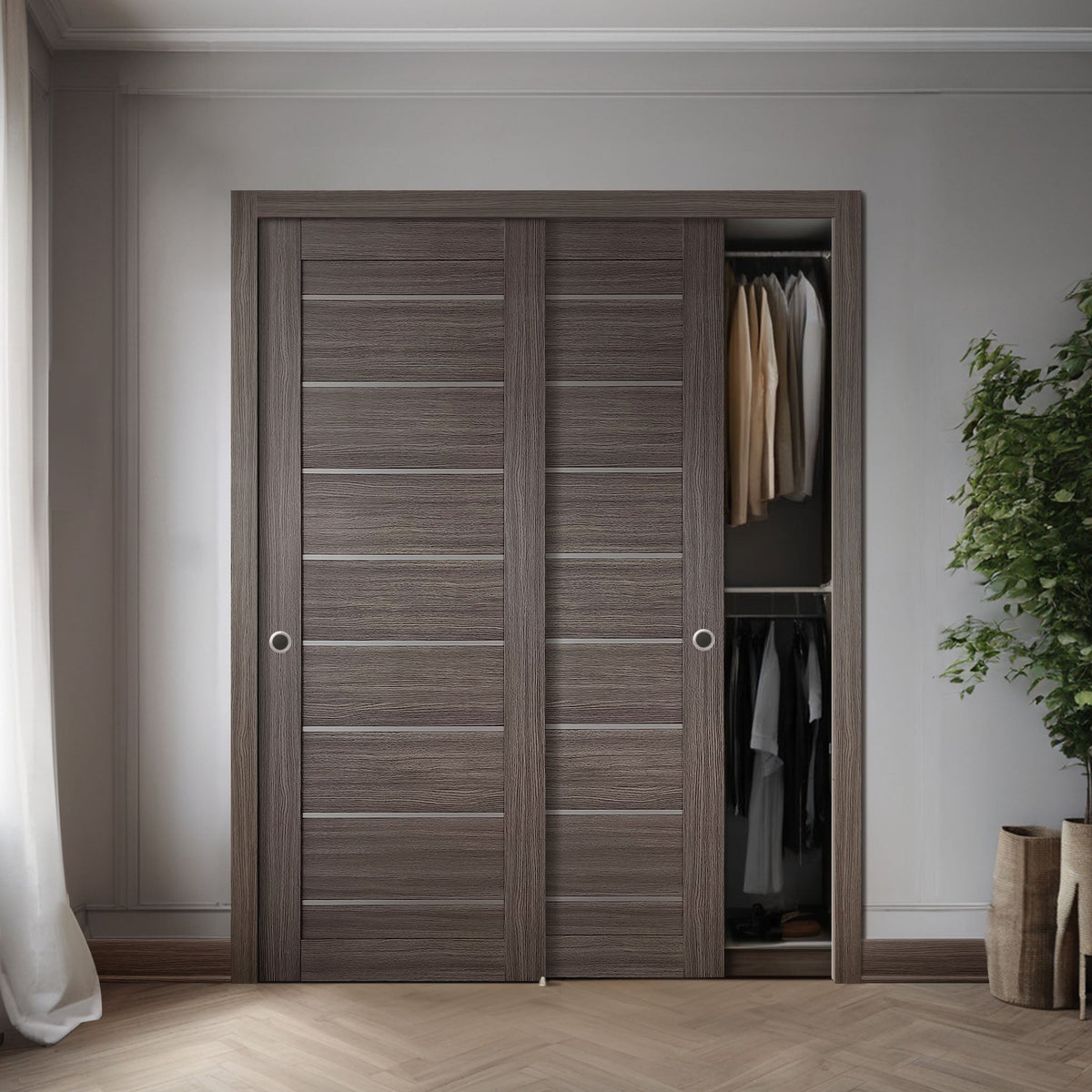 Miami Gray Brown SLMI-08-GM gray-brown door slabs in a double pocket-door application
