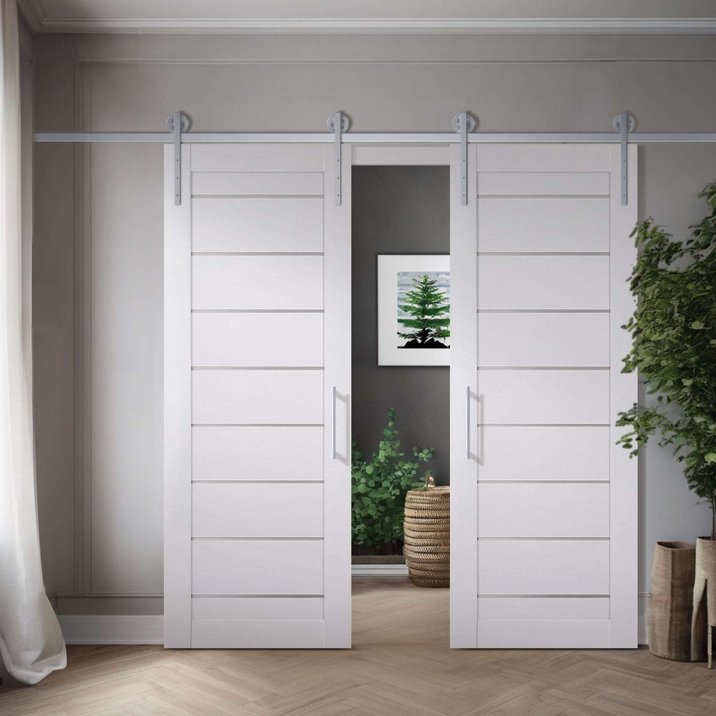 Two Miami White SLMI-01-GM slabs shown in a double barn-door application; one slab sold, hardware, track, and preparation not included