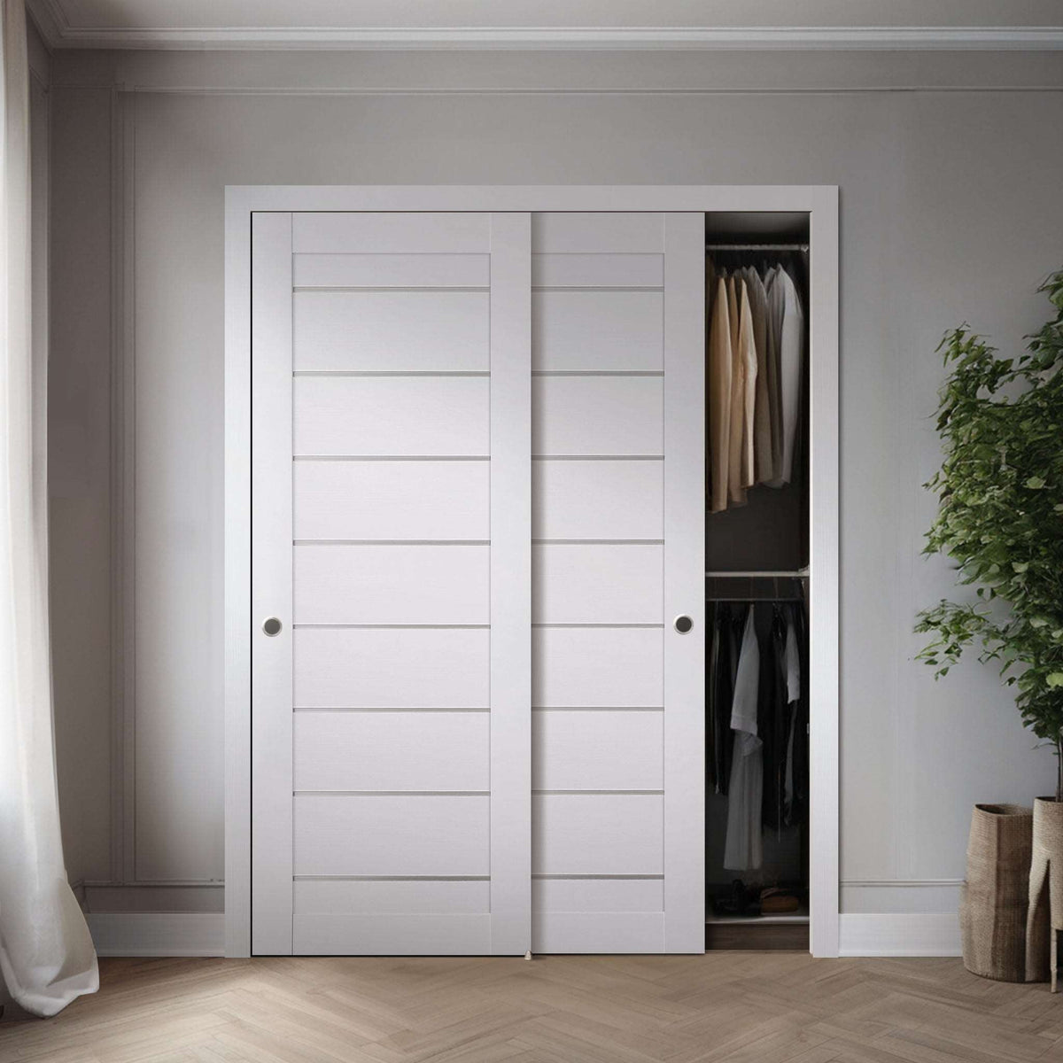 Two Miami White SLMI-01-GM slabs shown in a double bypass-door application; one slab sold, hardware, track, and preparation not included