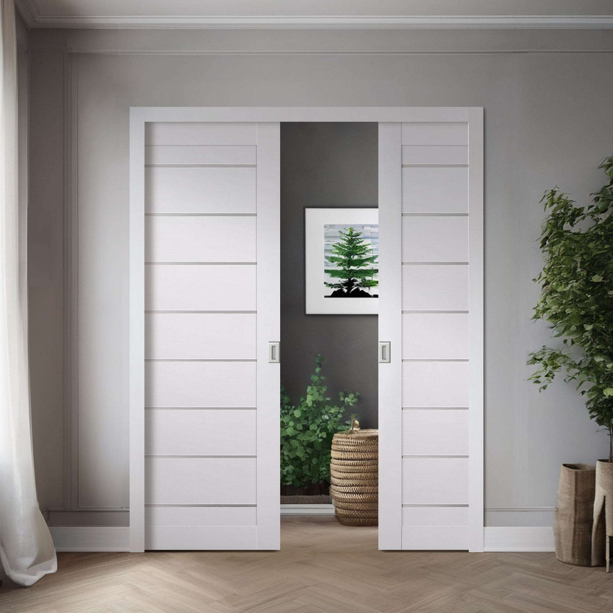 Two Miami White SLMI-01-GM slabs shown in a double pocket-door application; one slab sold, frame, hardware, and preparation not included