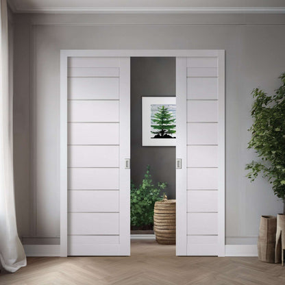 Two Miami White SLMI-01-GM slabs shown in a double pocket-door application; one slab sold, frame, hardware, and preparation not included