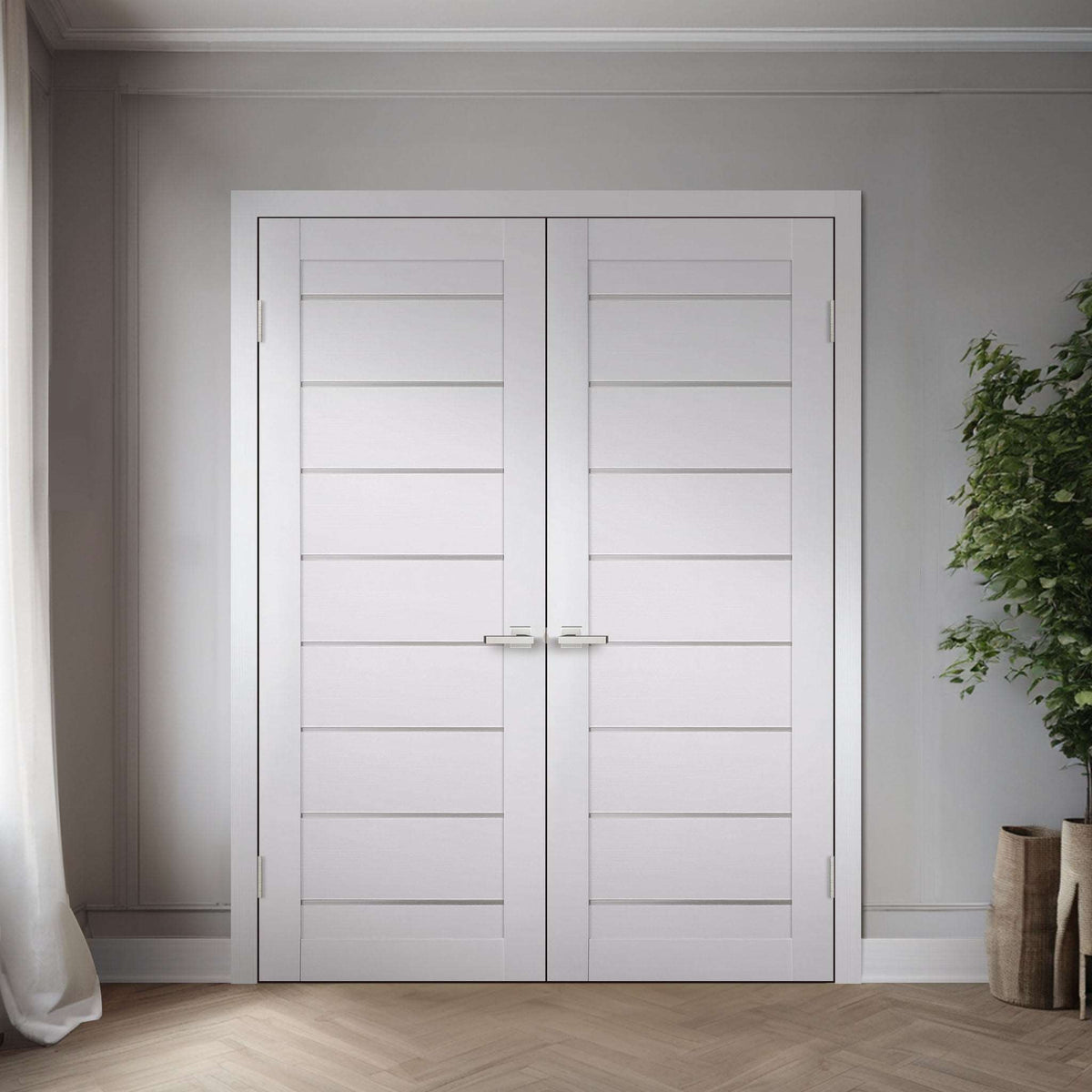 Two Miami White SLMI-01-GM slabs shown in a double swing-door application; one slab sold, frame, hardware, and preparation not included
