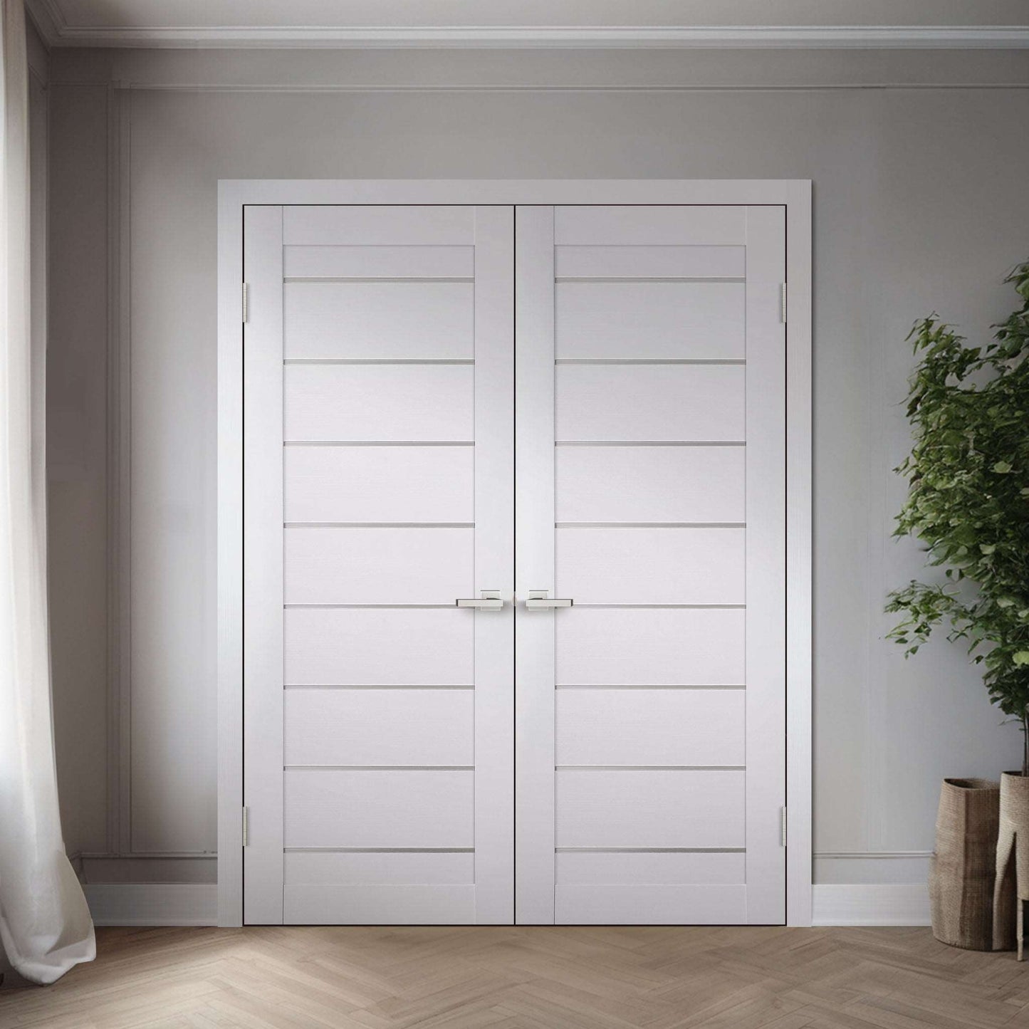 Two Miami White slabs shown in a double swing-door application; one slab sold, system hardware and preparation not included