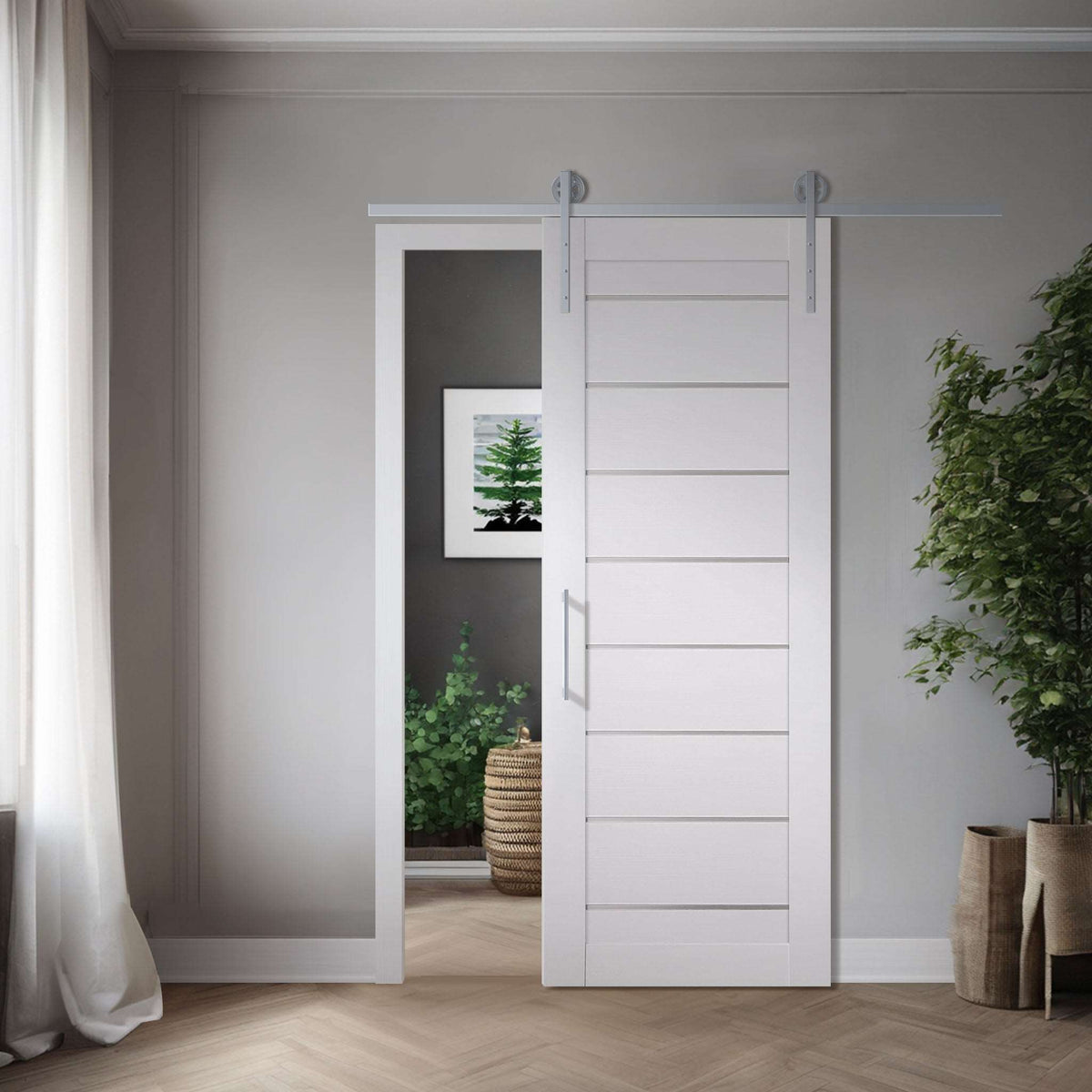 Interior Barn Door Slab Miami White shown in a single barn-door application; one slab sold, system hardware and preparation not included