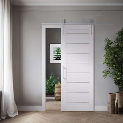 Interior Barn Door Slab Miami White shown in a single barn-door application; one slab sold, system hardware and preparation not included