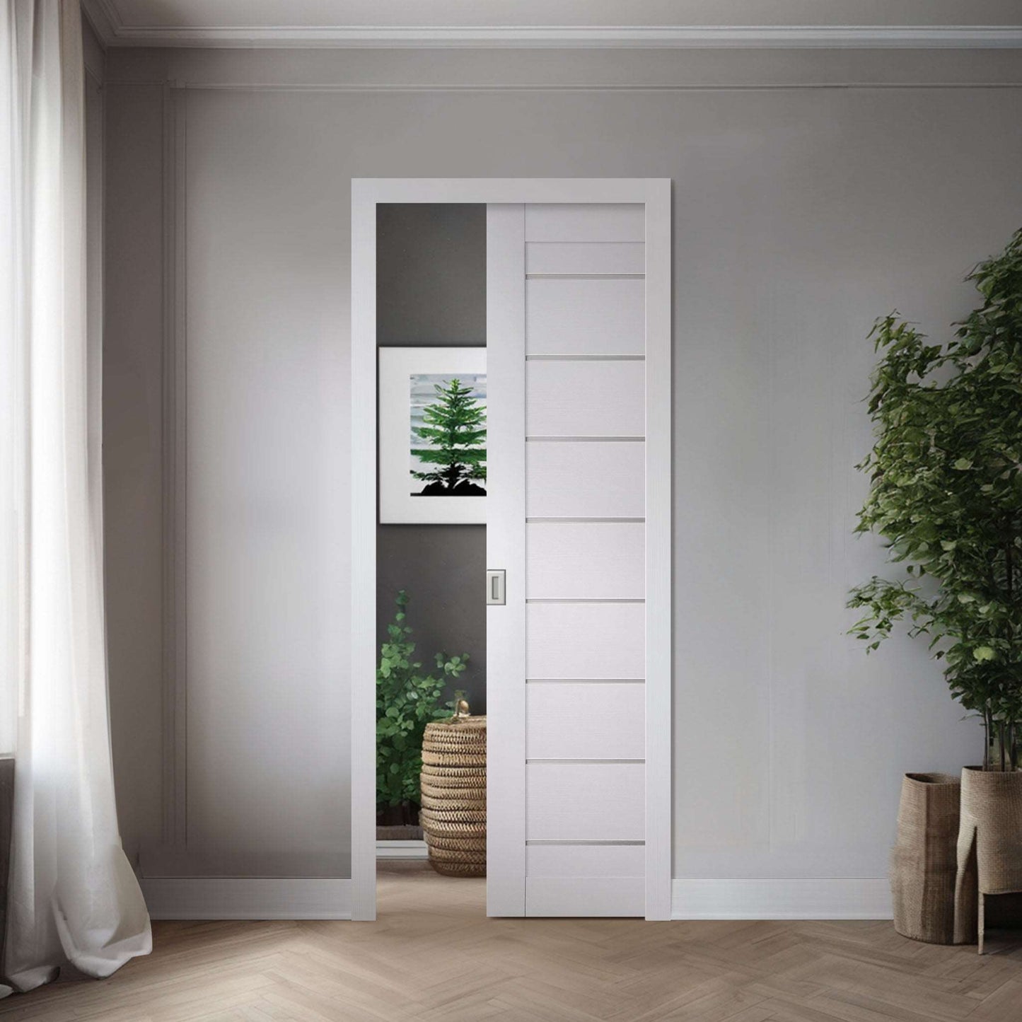 Interior Pocket Door Slab Miami White shown in a single pocket-door application; one slab sold, system hardware and preparation not included