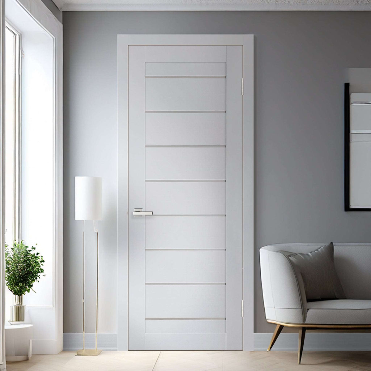 Miami White SLMI-01-GM white interior door slab shown in a single swing-door application; one slab sold, frame, hardware, and preparation not included