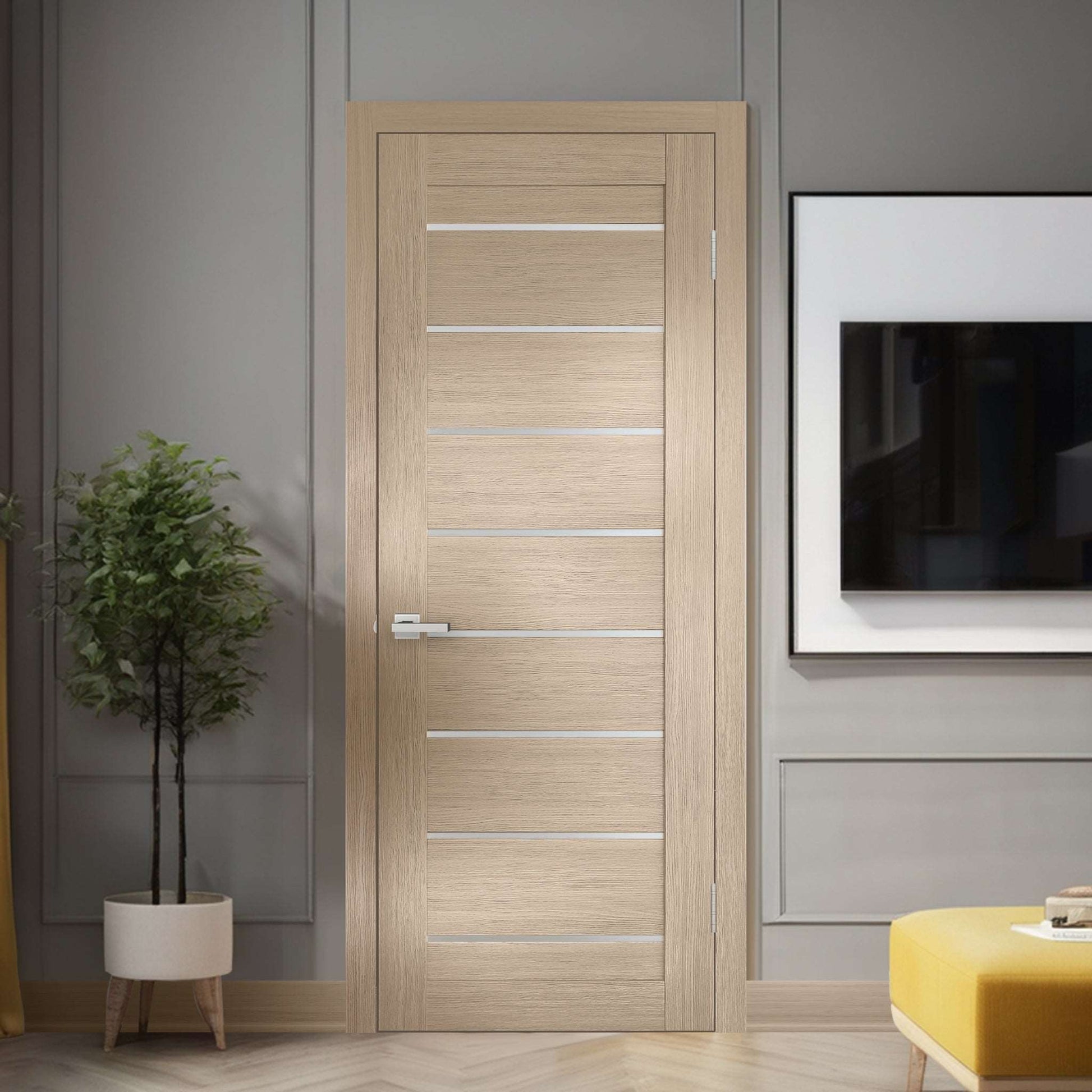 Miami XGM-05 beige door slab shown in a single swing-door application; one slab sold, frame, hardware, and preparation not included