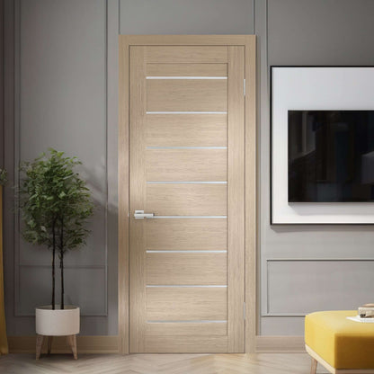 Miami XGM-05 beige door slab shown in a single swing-door application; one slab sold, frame, hardware, and preparation not included