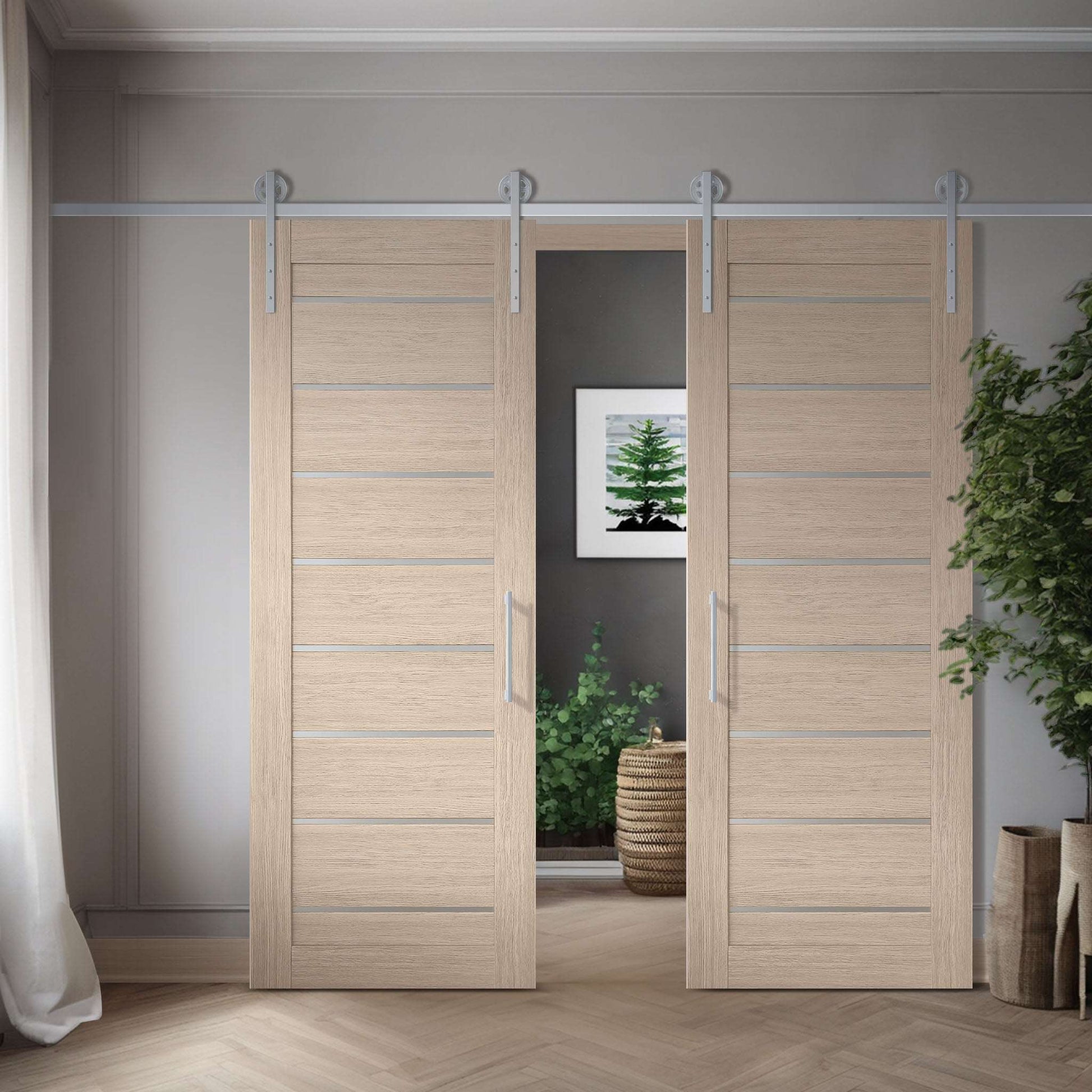 Two Miami XGM-05 slabs shown in a double barn-door application; one slab sold, hardware, track, and preparation not included