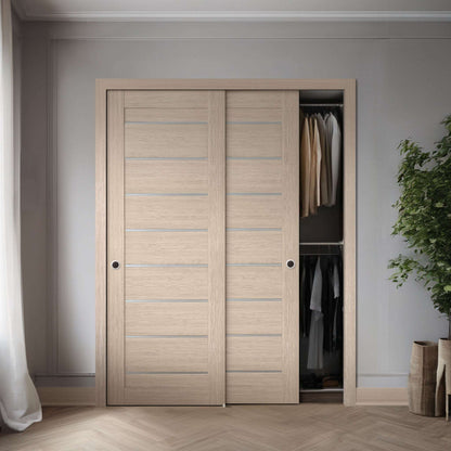 Two Miami XGM-05 slabs shown in a double bypass-door application; one slab sold, hardware, track, and preparation not included