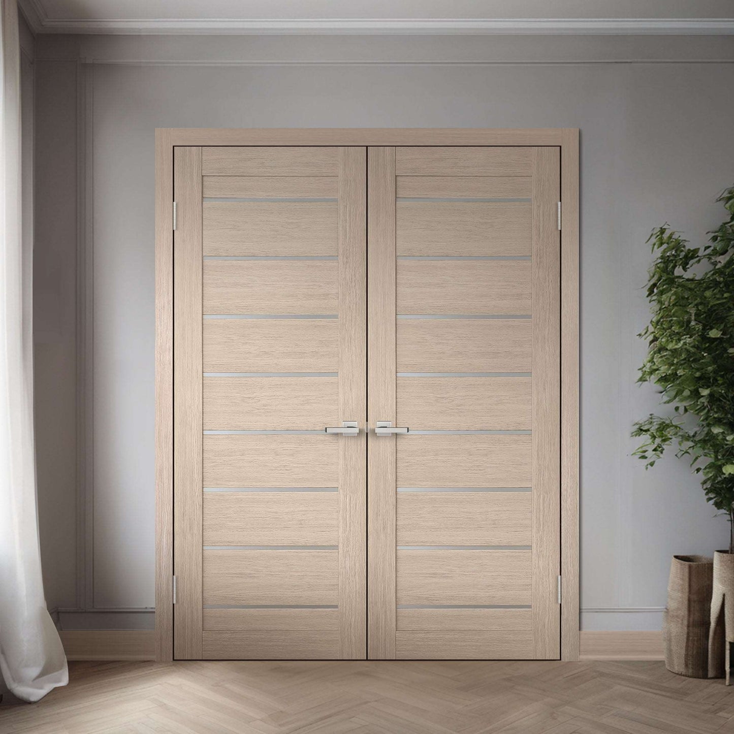 Two Miami XGM-05 slabs shown in a double swing-door application; one slab sold, frame, hardware, and preparation not included