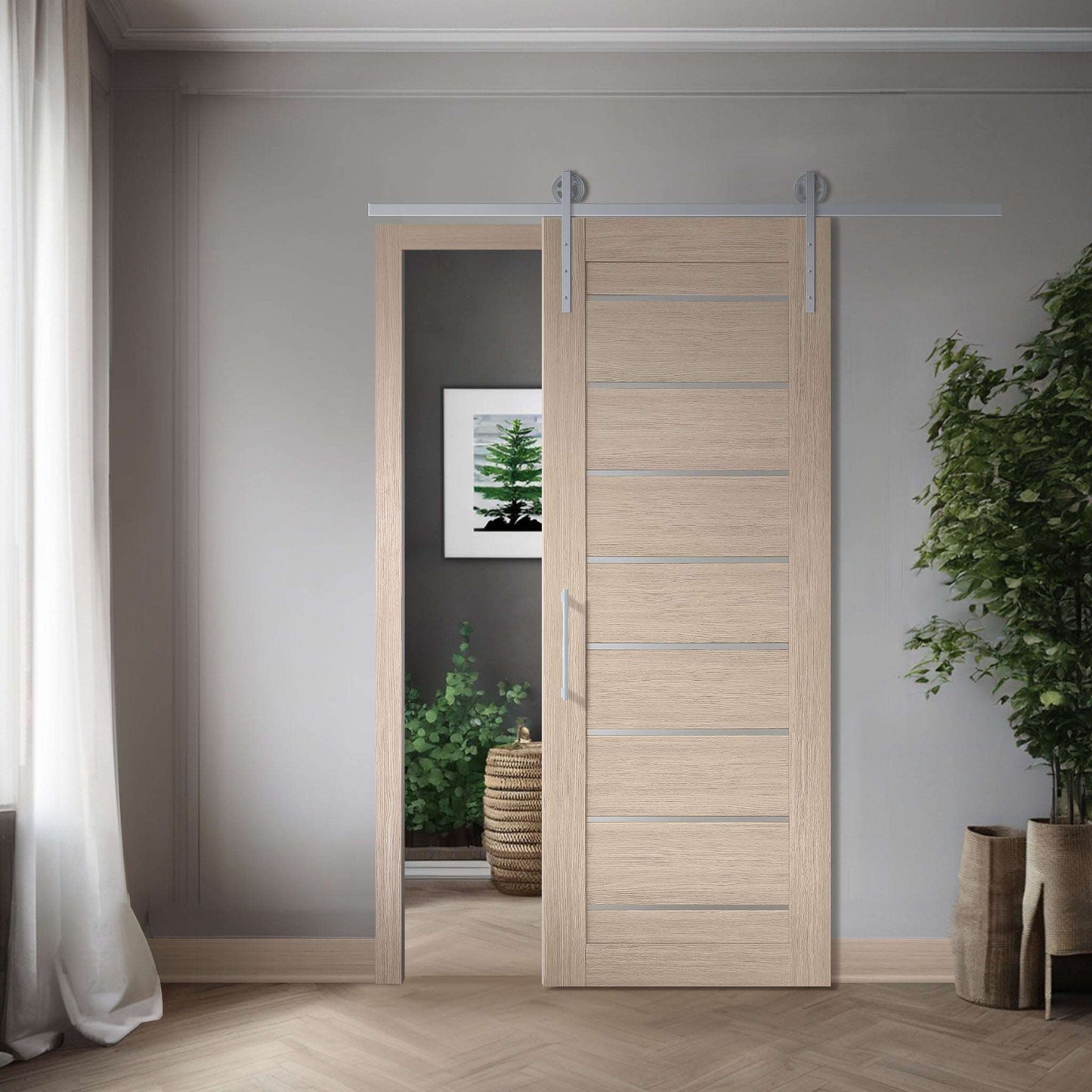 Miami XGM-05 slab shown in a single barn-door application; one slab sold, hardware, track, and preparation not included