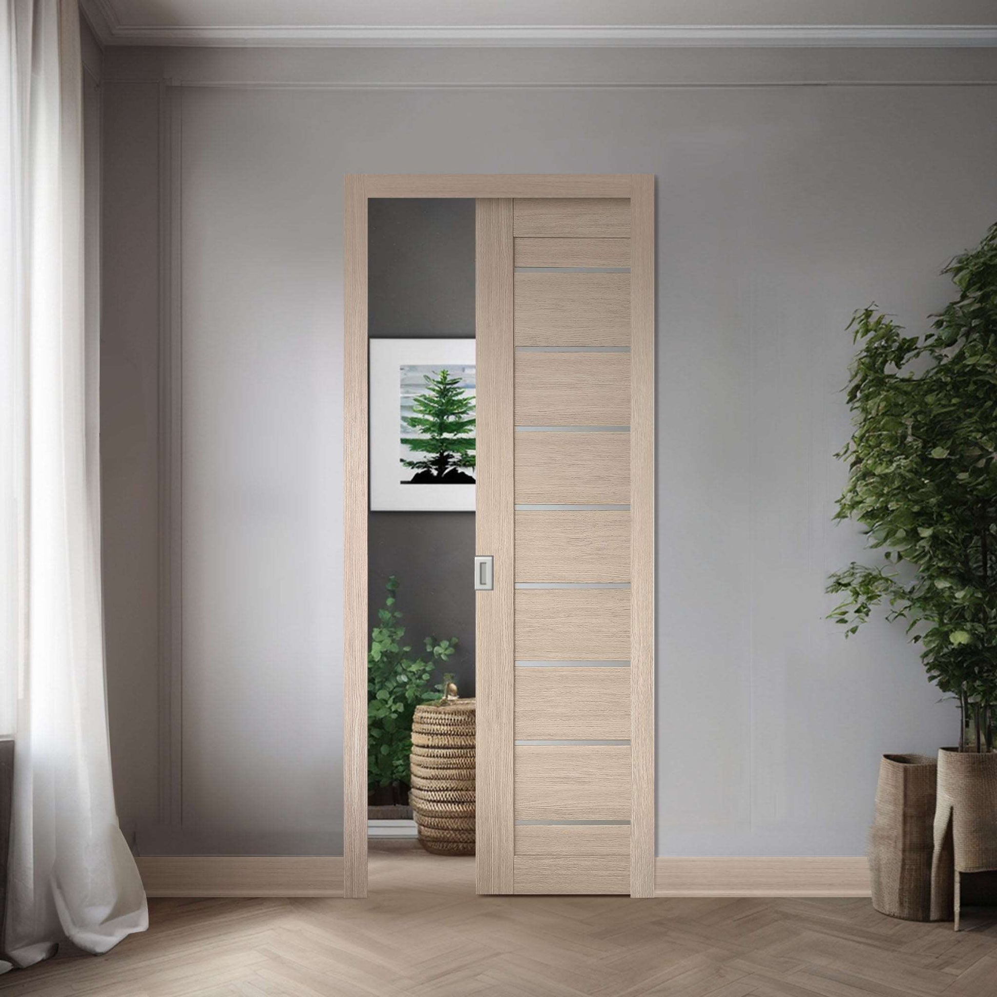 Miami XGM-05 slab shown in a single pocket-door application; one slab sold, frame, hardware, and preparation not included