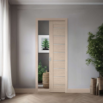 Miami XGM-05 slab shown in a single pocket-door application; one slab sold, frame, hardware, and preparation not included